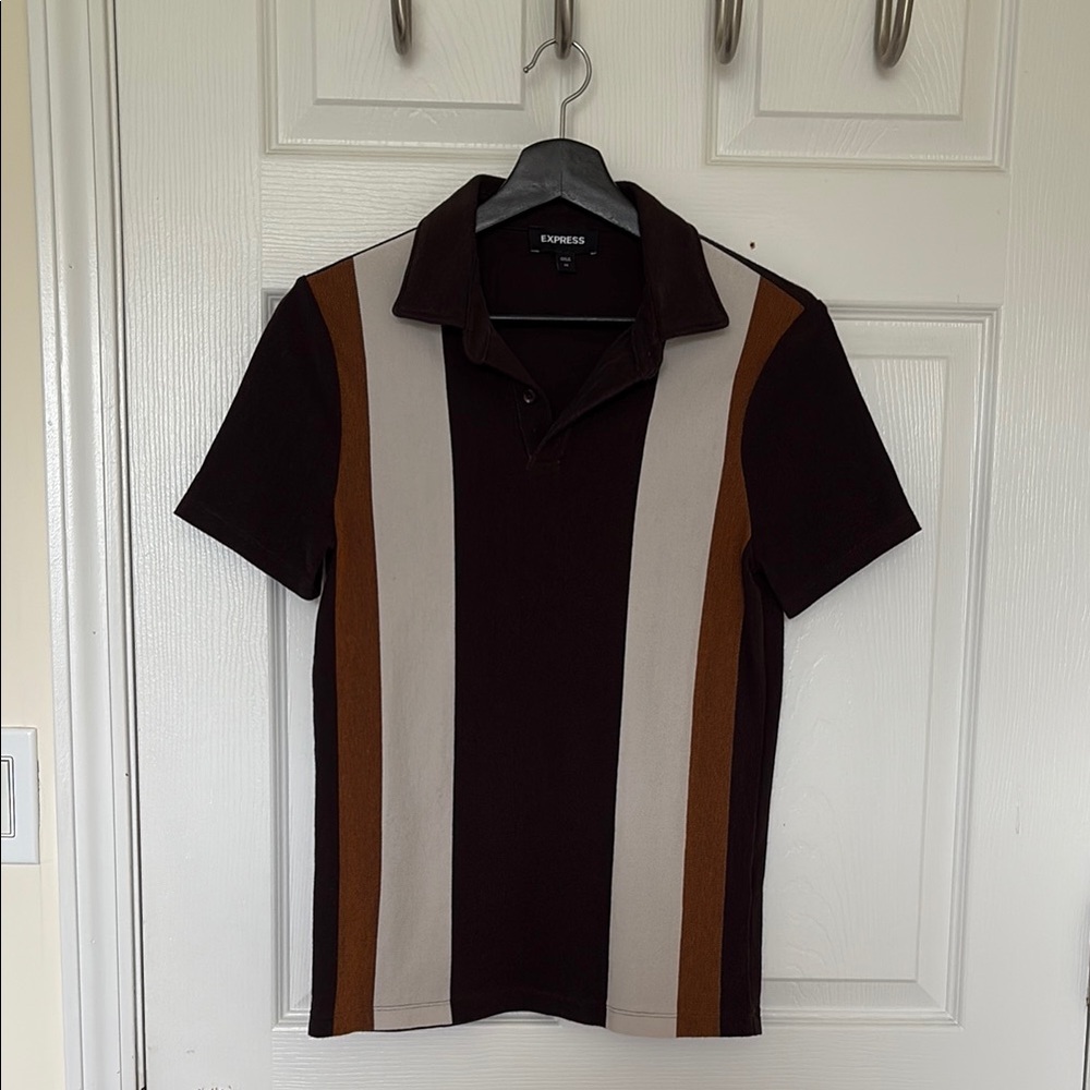 Express Men's Brown, and Cream Polo Shirt
